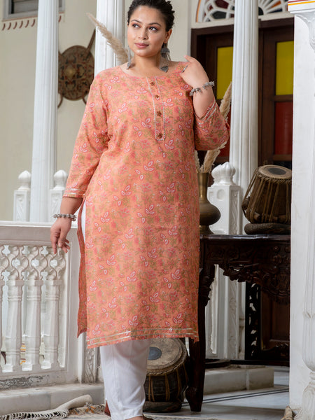 Cotton Printed Gajari Calf-Length Kurti with Three Quarter Sleeves (Plus Size)