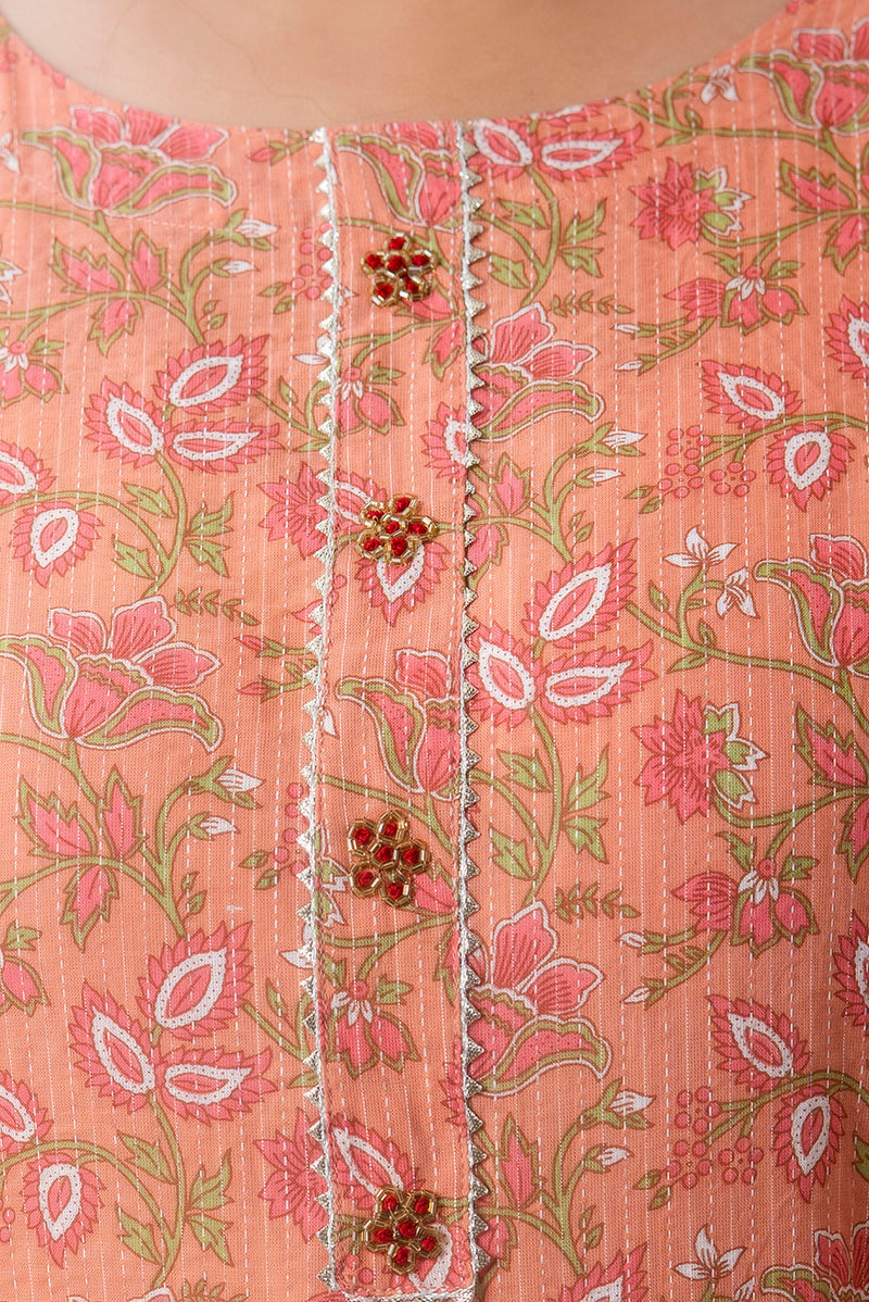 Cotton Printed Gajari Calf-Length Kurti with Three Quarter Sleeves (Plus Size)