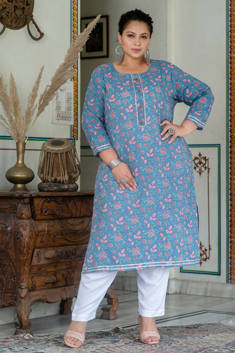 Grey Printed Cotton Kurti (Plus Size)
