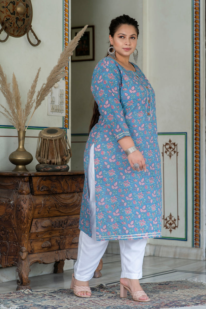 Grey Printed Cotton Kurti (Plus Size)