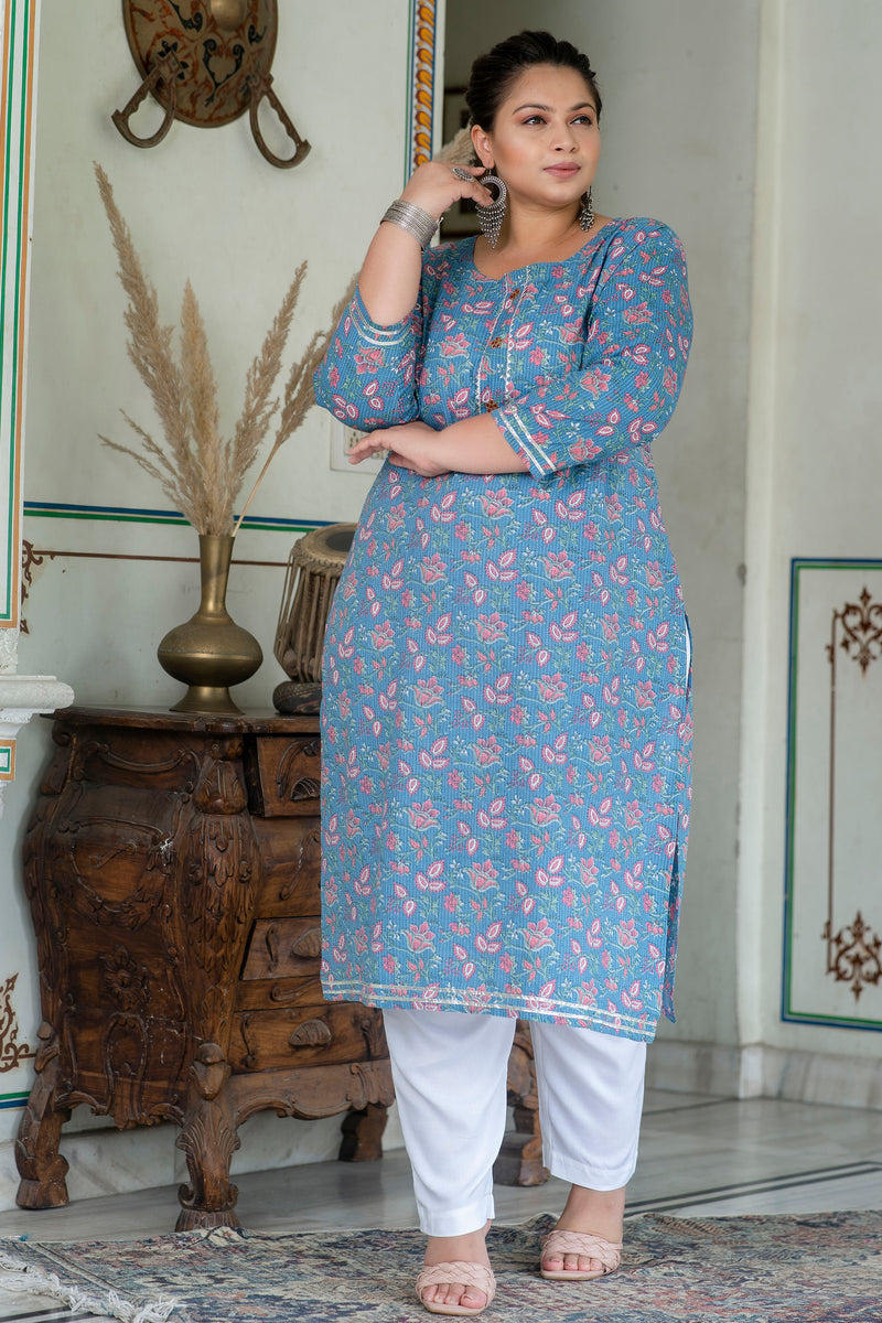 Grey Printed Cotton Kurti (Plus Size)