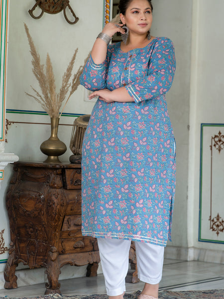 Grey Printed Cotton Kurti (Plus Size)