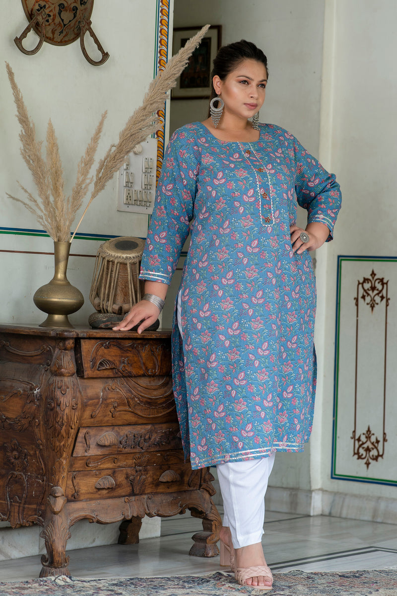 Grey Printed Cotton Kurti (Plus Size)
