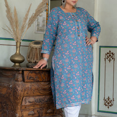 Grey Printed Cotton Kurti (Plus Size)