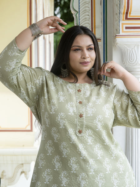 Light Khaki Cotton Printed Kurti