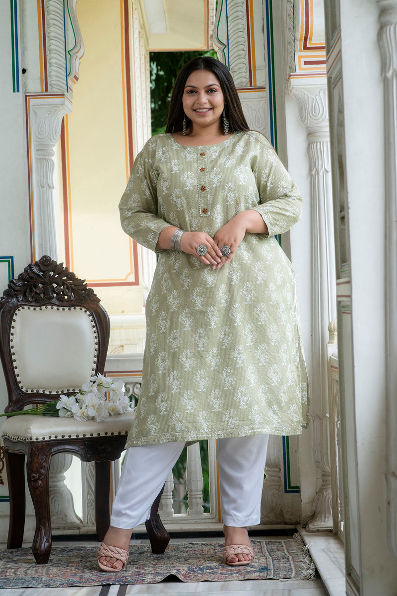 Cotton Printed Light Khaki Calf-Length Kurti with Three Quarter Sleeves (Plus Size)