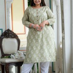 Cotton Printed Light Khaki Calf-Length Kurti with Three Quarter Sleeves (Plus Size)