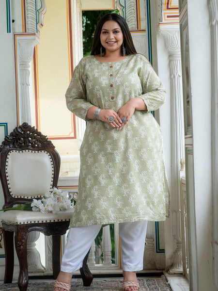 Cotton Printed Light Khaki Calf-Length Kurti with Three Quarter Sleeves (Plus Size)