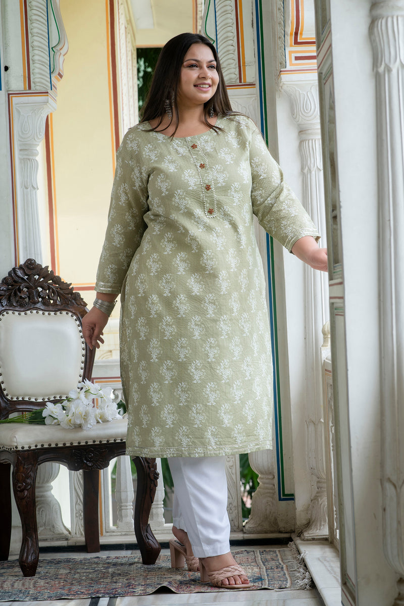 Light Khaki Printed Cotton Kurti