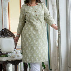 Cotton Printed Light Khaki Calf-Length Kurti with Three Quarter Sleeves (Plus Size)