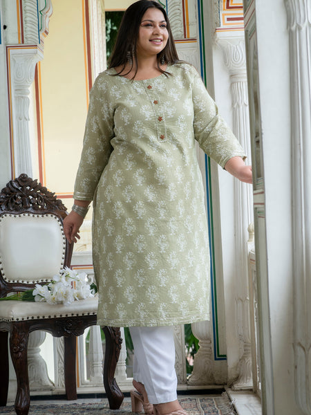 Cotton Printed Light Khaki Calf-Length Kurti with Three Quarter Sleeves (Plus Size)