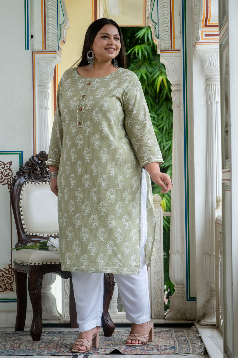 Cotton Printed Light Khaki Calf-Length Kurti with Three Quarter Sleeves (Plus Size)