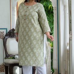 Cotton Printed Light Khaki Calf-Length Kurti with Three Quarter Sleeves (Plus Size)