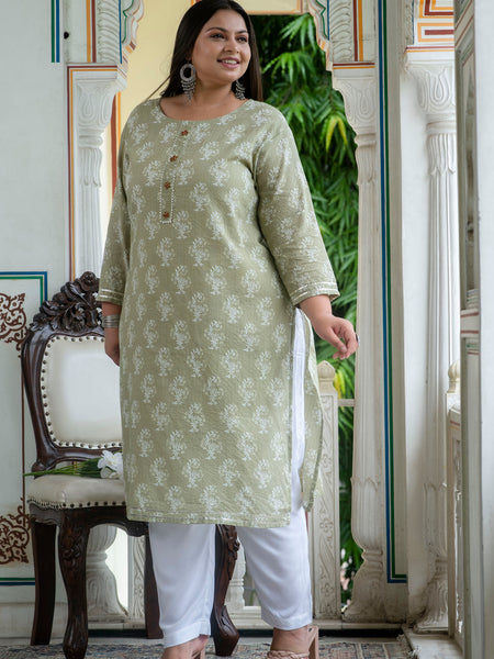 Cotton Printed Light Khaki Calf-Length Kurti with Three Quarter Sleeves (Plus Size)