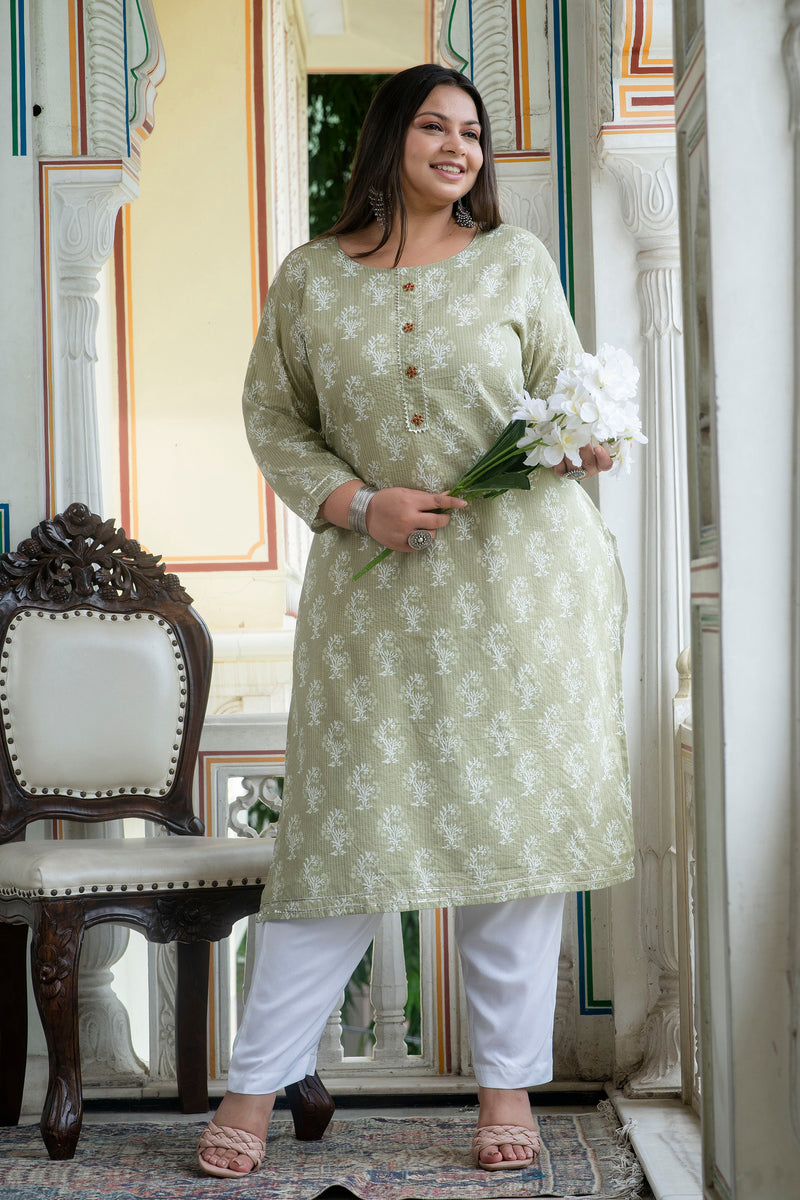 Cotton Printed Light Khaki Calf-Length Kurti with Three Quarter Sleeves (Plus Size)