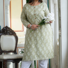Cotton Printed Light Khaki Calf-Length Kurti with Three Quarter Sleeves (Plus Size)