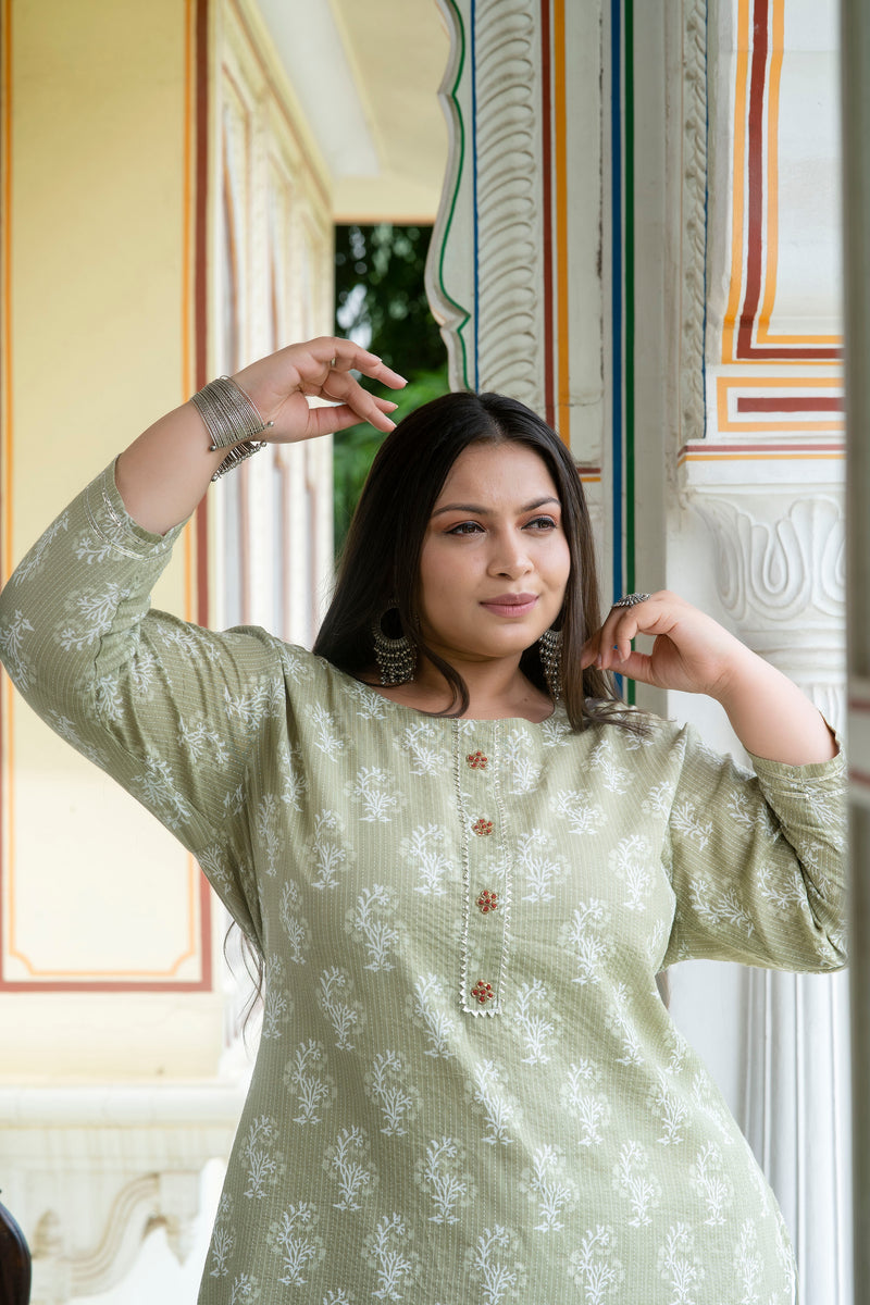 Cotton Printed Light Khaki Calf-Length Kurti with Three Quarter Sleeves (Plus Size)