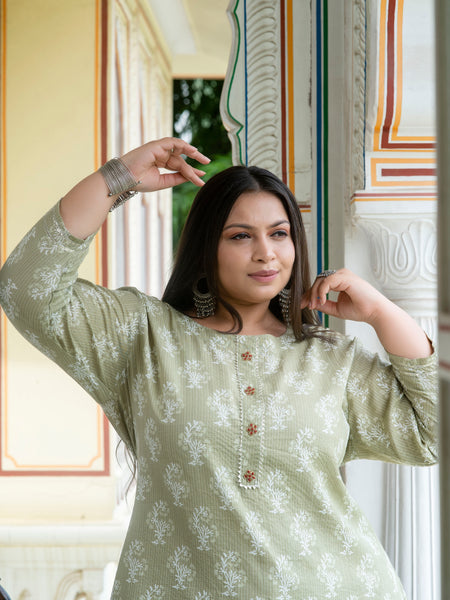 Cotton Printed Light Khaki Calf-Length Kurti with Three Quarter Sleeves (Plus Size)