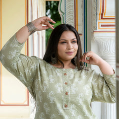 Cotton Printed Light Khaki Calf-Length Kurti with Three Quarter Sleeves (Plus Size)