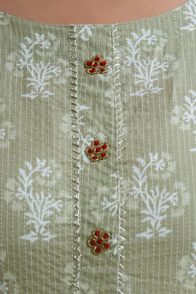 Cotton Printed Light Khaki Calf-Length Kurti with Three Quarter Sleeves (Plus Size)