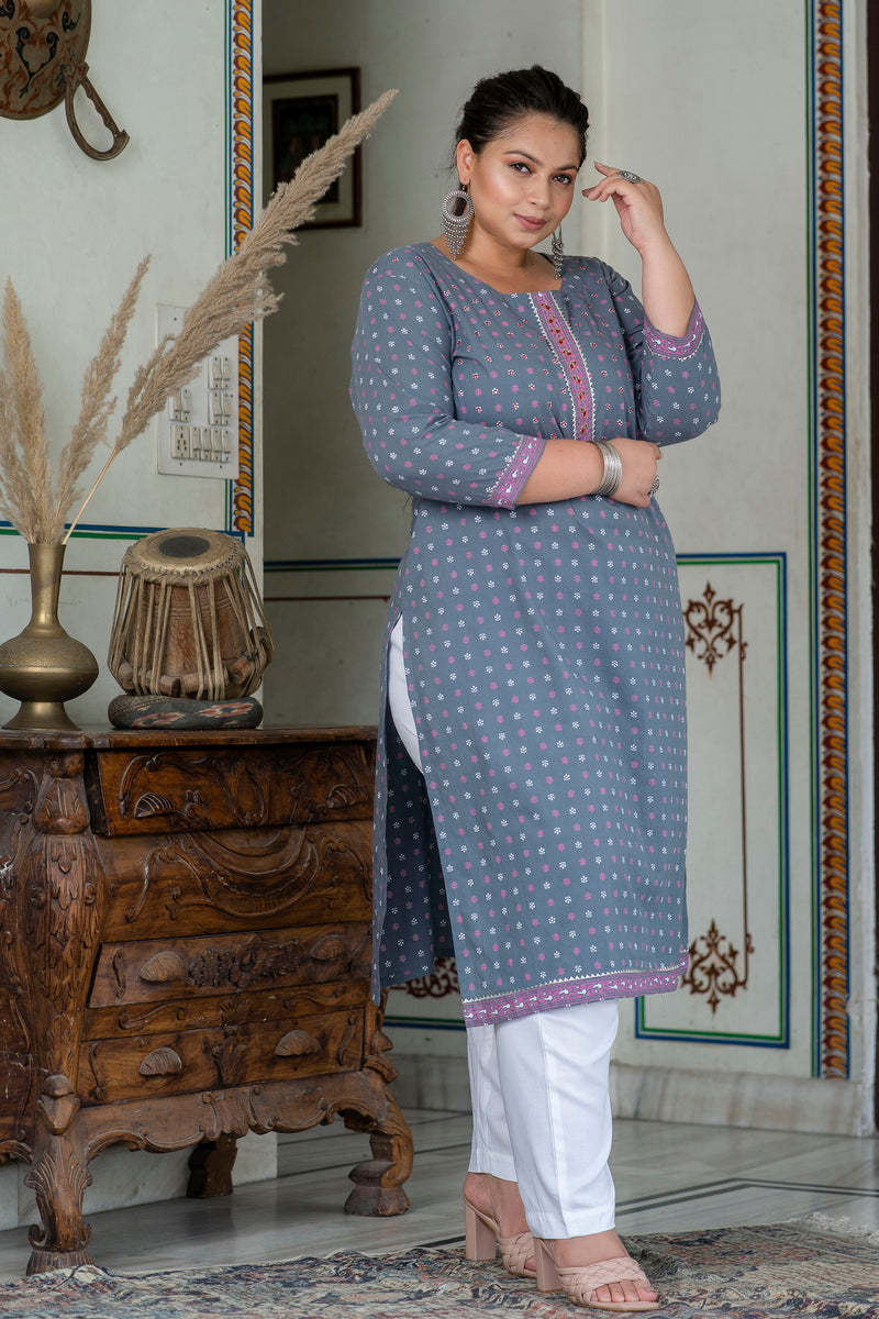 Elegant Grey Cotton Printed Everyday Kurti (Plus Size)