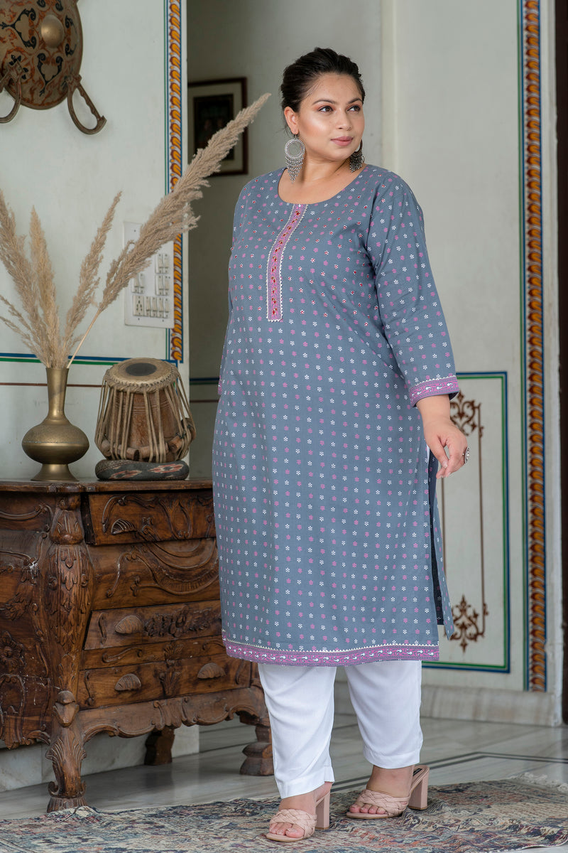 Elegant Grey Cotton Printed Everyday Kurti (Plus Size)