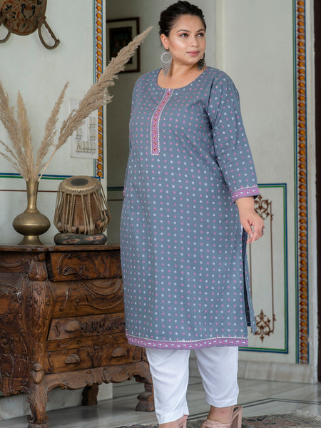Elegant Grey Cotton Printed Everyday Kurti (Plus Size)