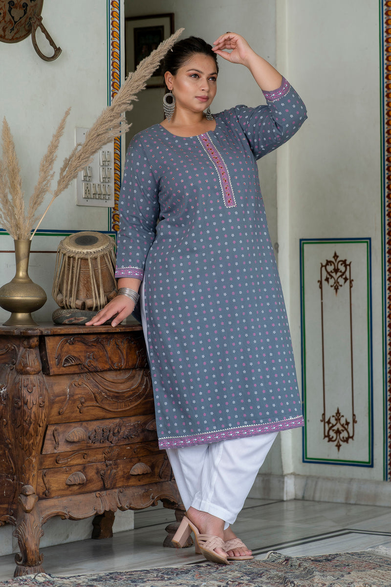 Elegant Grey Cotton Printed Everyday Kurti (Plus Size)