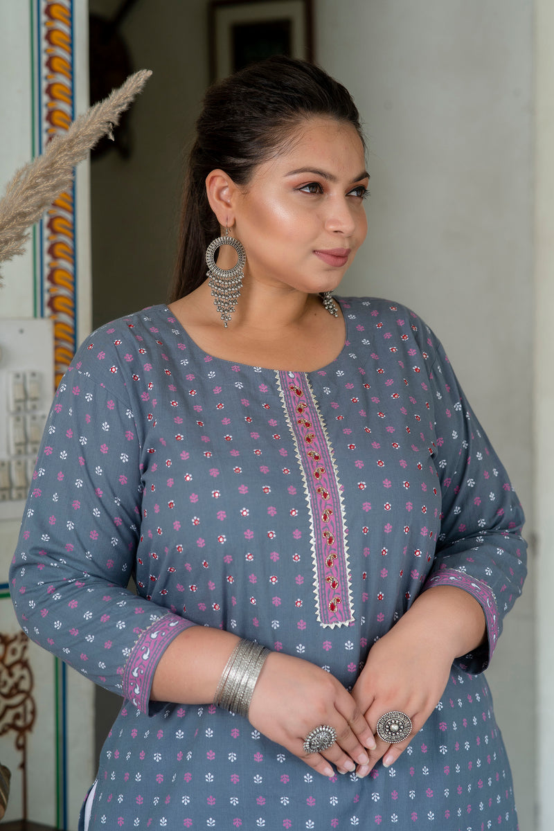 Elegant Grey Cotton Printed Everyday Kurti (Plus Size)