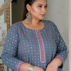 Elegant Grey Cotton Printed Everyday Kurti (Plus Size)