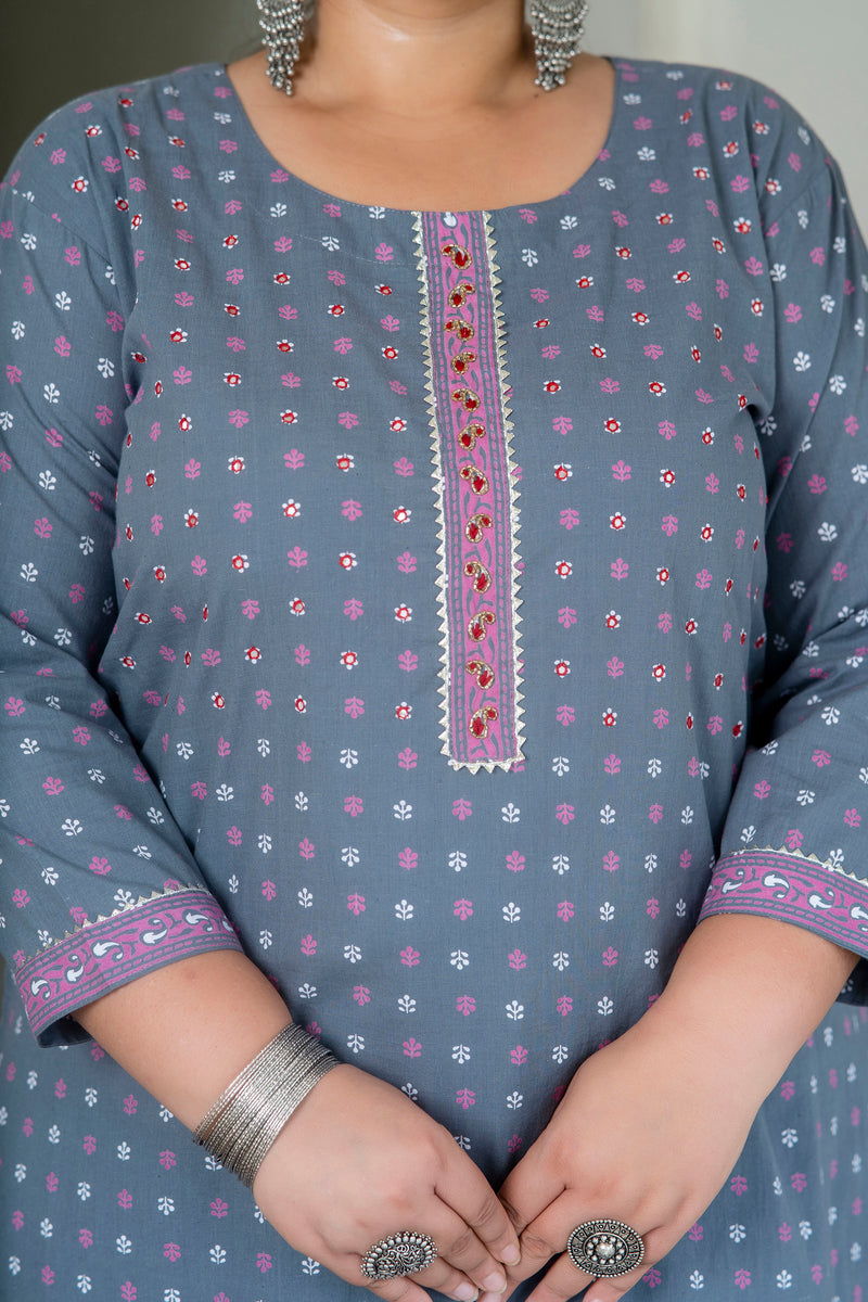 Elegant Grey Cotton Printed Everyday Kurti (Plus Size)