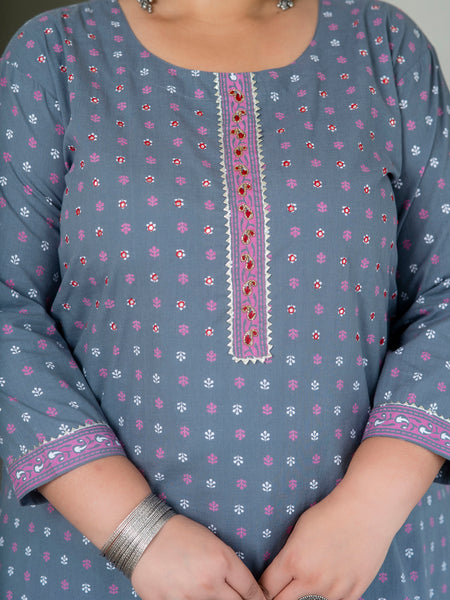 Elegant Grey Cotton Printed Everyday Kurti (Plus Size)
