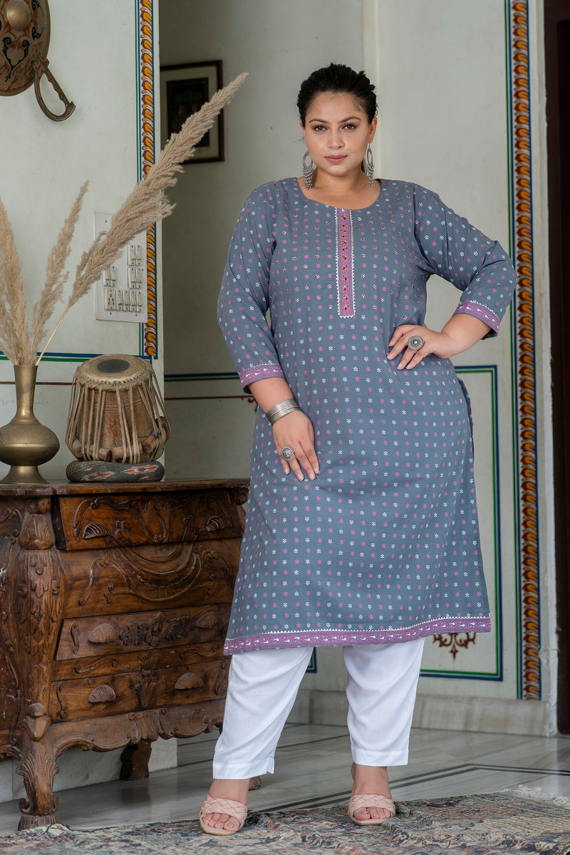 Elegant Grey Cotton Printed Everyday Kurti (Plus Size)