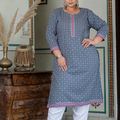 Elegant Grey Cotton Printed Everyday Kurti (Plus Size)