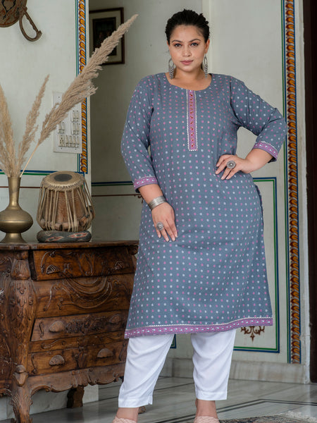 Elegant Grey Cotton Printed Everyday Kurti (Plus Size)