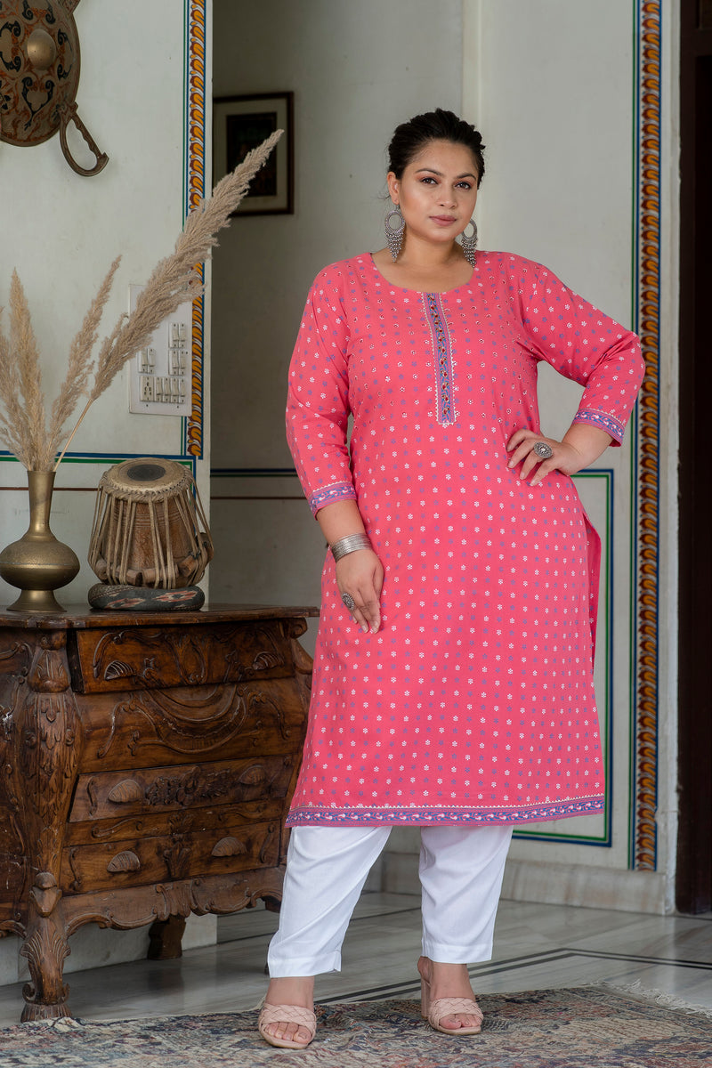 Charming Pink Cotton Printed Daily Wear Kurti (Plus Size)