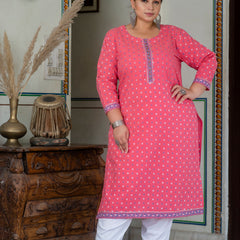Charming Pink Cotton Printed Daily Wear Kurti (Plus Size)