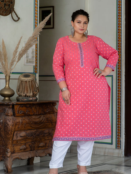 Charming Pink Cotton Printed Daily Wear Kurti (Plus Size)