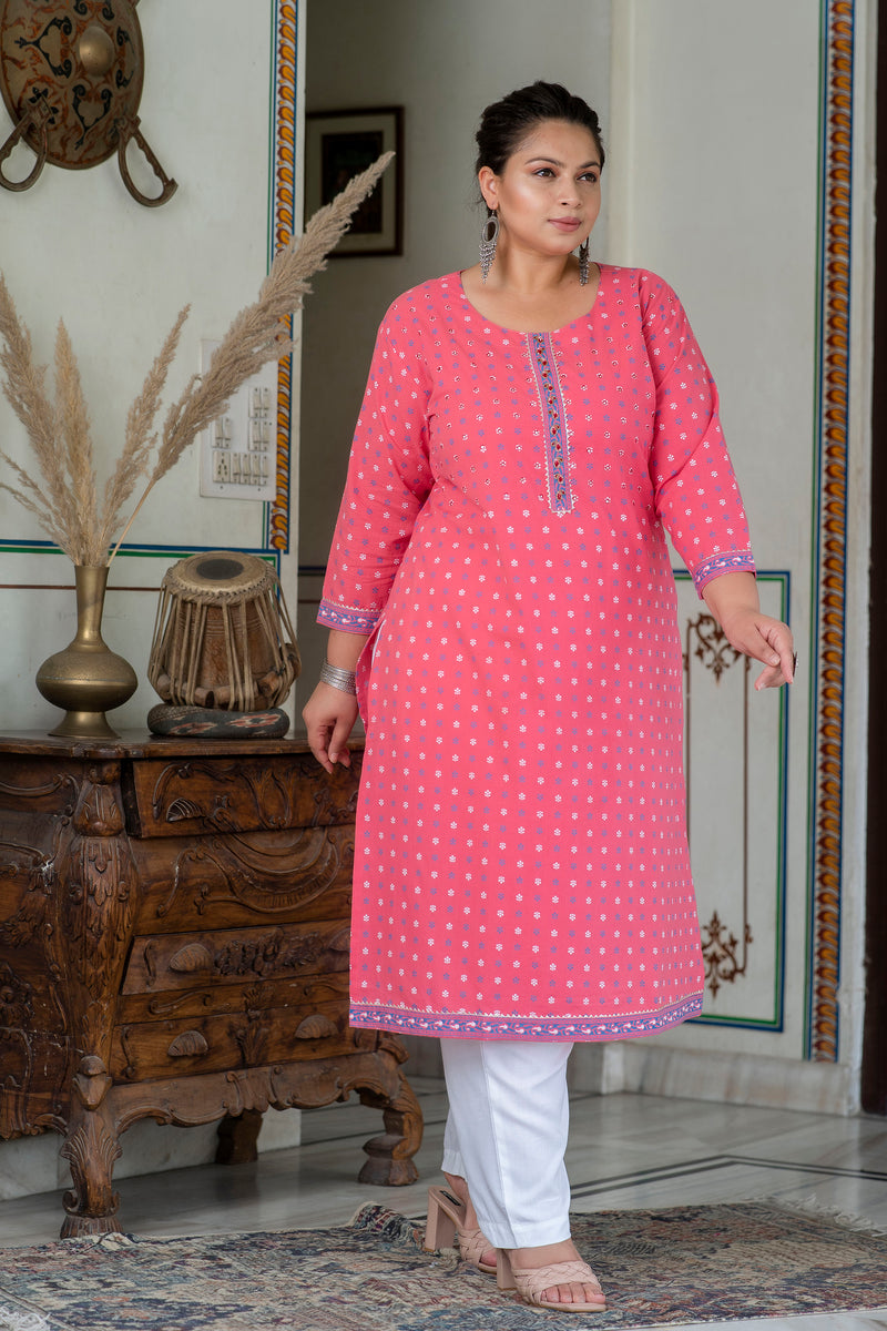 Charming Pink Cotton Printed Daily Wear Kurti (Plus Size)