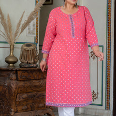 Charming Pink Cotton Printed Daily Wear Kurti (Plus Size)
