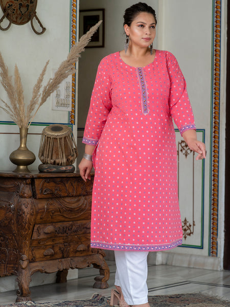 Charming Pink Cotton Printed Daily Wear Kurti (Plus Size)