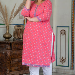 Charming Pink Cotton Printed Daily Wear Kurti (Plus Size)
