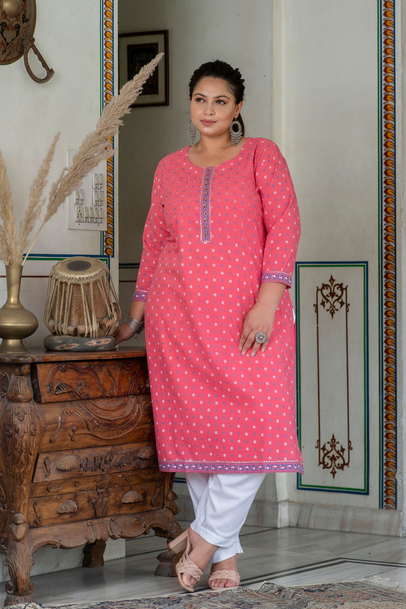 Charming Pink Cotton Printed Daily Wear Kurti (Plus Size)