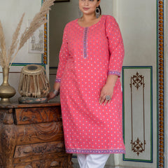 Charming Pink Cotton Printed Daily Wear Kurti (Plus Size)