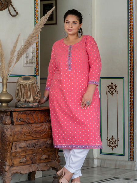 Charming Pink Cotton Printed Daily Wear Kurti (Plus Size)