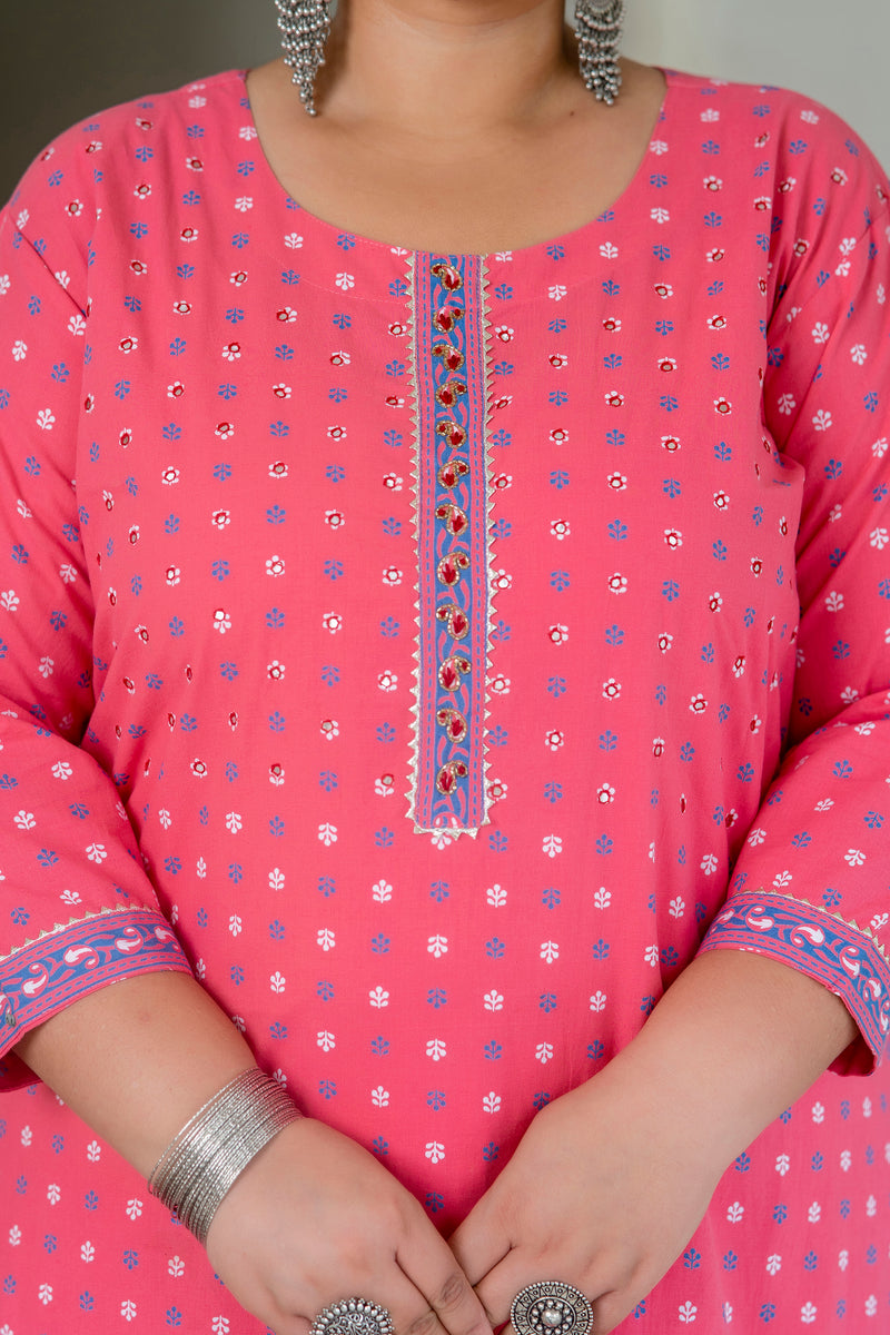 Charming Pink Cotton Printed Daily Wear Kurti (Plus Size)