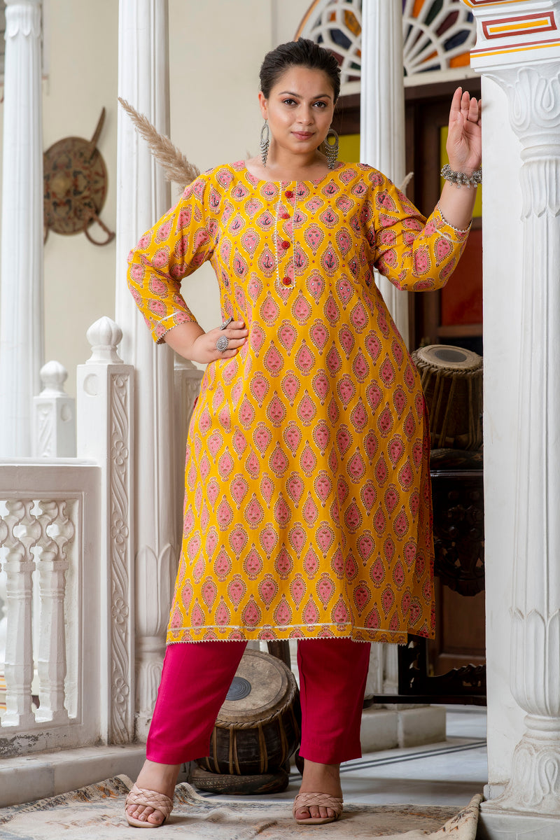 Cotton Printed Yellow Calf-Length Kurti with Three Quarter Sleeves (Plus Size)