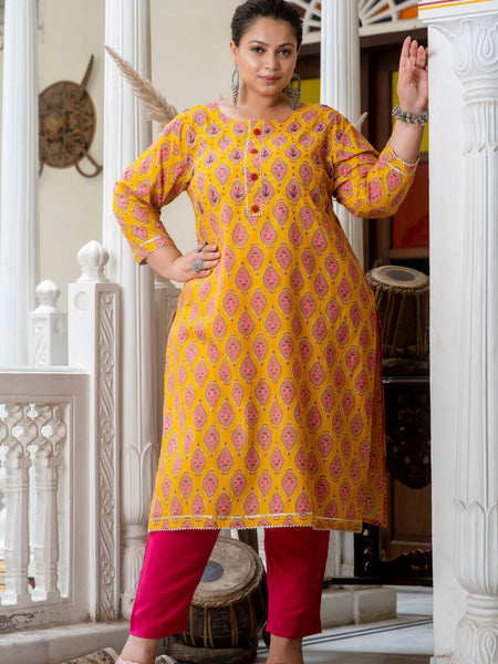 Cotton Printed Yellow Calf-Length Kurti with Three Quarter Sleeves (Plus Size)
