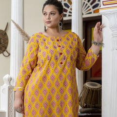 Cotton Printed Yellow Calf-Length Kurti with Three Quarter Sleeves (Plus Size)