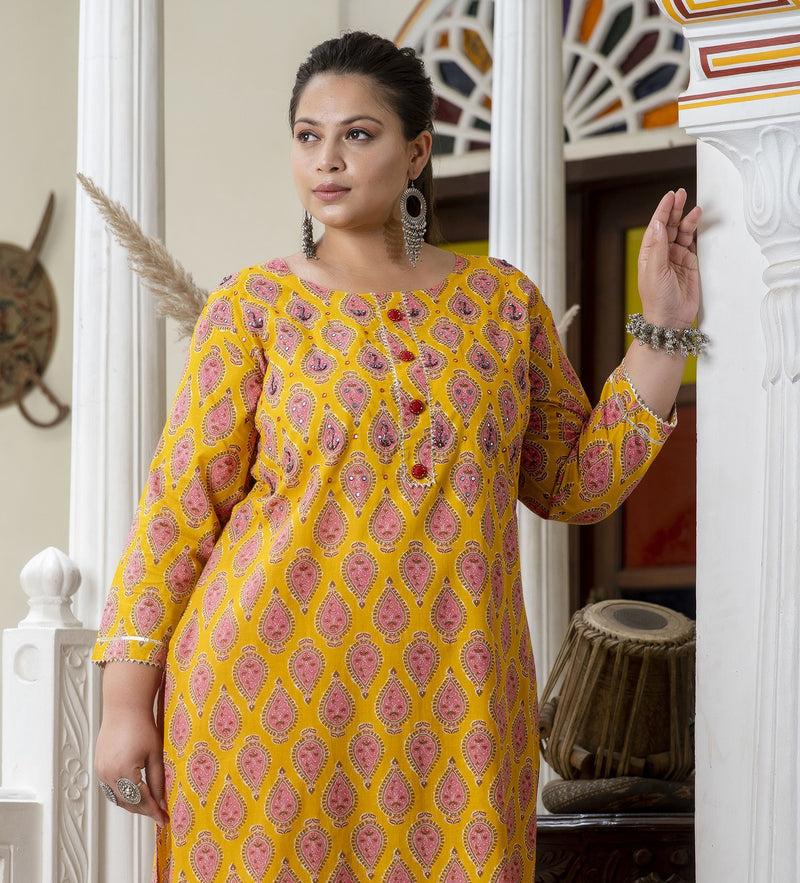 Cotton Printed Yellow Calf-Length Kurti with Three Quarter Sleeves (Plus Size)